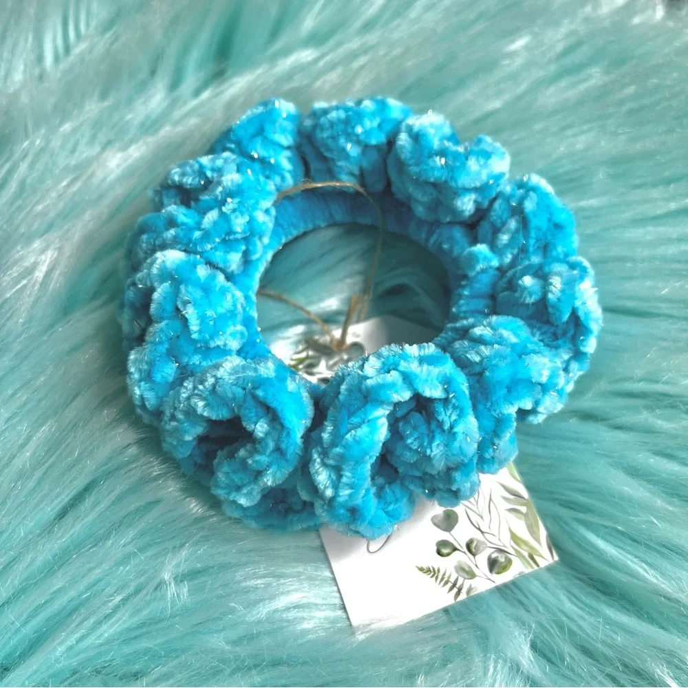 Handmade VELVET Ice Blue Crochet Scrunchie Sparkle Large Hair Tie PinkRainCloud